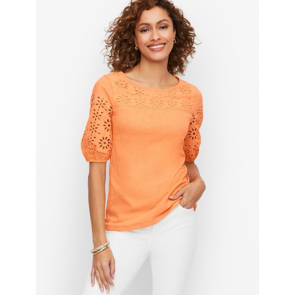 Talbots Plus Eyelet Yoke Top Size 1X Orange Puff Sleeve Slub Cotton Coastal